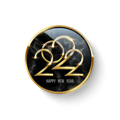 Fototapete - 2022, Happy New Year design, 3d round badge with golden frame, text on marble inside