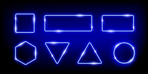 Poster - neon frames glow, geometric shapes set, abstract borders with electric neon blue effect