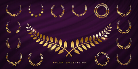Wall Mural - award prize set, gold laurel wreath and stars on purple curtain, winner nomination emblem