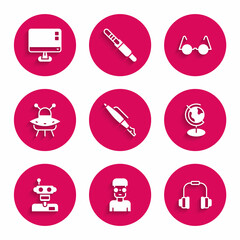 Sticker - Set Fountain pen nib, Nerd geek, Headphones, Earth globe, Robot, UFO flying spaceship, Eyeglasses and Computer monitor screen icon. Vector