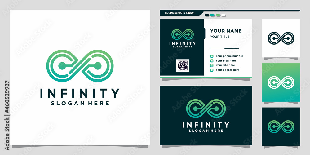 Infinity logo design technology with line art style and business card ...