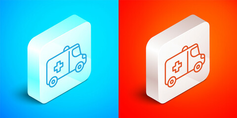 Canvas Print - Isometric line Ambulance and emergency car icon isolated on blue and red background. Ambulance vehicle medical evacuation. Silver square button. Vector