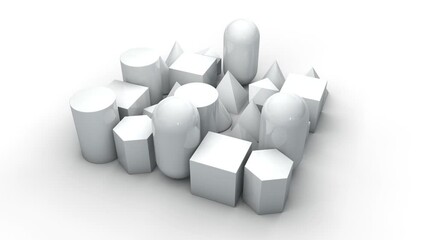 Poster - Loop 3d animation of a set of geometric shapes that periodically turn into spheres on the surface. Minimalistic design of mathematical 3d background.
