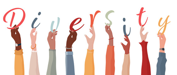 Poster - Raised arms of a group of people of diverse races holding the letters that form the word -Diversity-. Concept of racial equality and harmony between people.Community and teamwork.Isolated