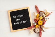 Flat Lay With Felt Letter Board And Text But I Love Fall Most Of All. Autumn Table Decoration. Floral Interior Decor For Fall Holidays With Handmade Pumpkins. Flatlay, Top View