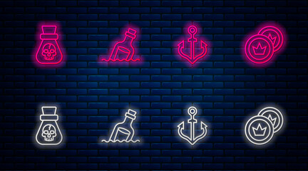 Wall Mural - Set line Bottle with message in water, Anchor, Pirate coin and . Glowing neon icon on brick wall. Vector