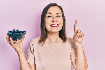 Sticker - Middle age hispanic woman holding blueberries smiling with an idea or question pointing finger with happy face, number one