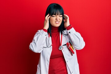 Poster - Young hispanic woman wearing doctor uniform and stethoscope with hand on head, headache because stress. suffering migraine.