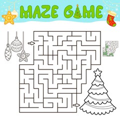 Wall Mural - Christmas Maze puzzle game for children. Outline maze or labyrinth game with christmas tree and decorations.