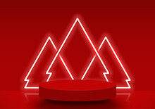 Stage Podium Decorated With Abstract Tree Shape Lighting.Pedestal Scene With For Product, Advertising, Show, Award Ceremony, On A Red Background.Christmas Backdrop. Minimal Style. Vector Illustration.