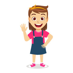 Wall Mural - Happy cute cheerful kid girl character wearing beautiful outfit standing and waving posing