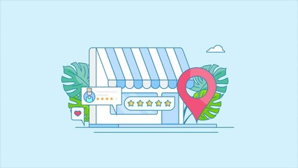 Wall Mural - Local Business seo marketing strategy, customer review, local shop, store near me concept, 2d animation 4k video clip.