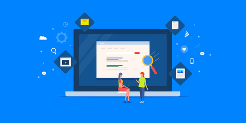 Wall Mural - Team of women seo expert working on search engine optimization, content design, website ranking and increasing website traffic, digital business women entrepreneur. Web banner template.