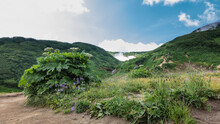 A Dirt Path Winds Through The Valley. Green Grass And Wildflowers Grow On The Roadsides. Tiny Figures Of Tourists Can Be Seen On The Mountainside. Clouds In The Blue Sky. Kamchatka.