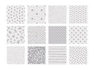Poster - Geometric doodle patterns. Hand drawn seamless prints. Minimalistic backgrounds with dots and lines, strokes or rings. Colorful sketch ornaments. Vector abstract decorative covers set