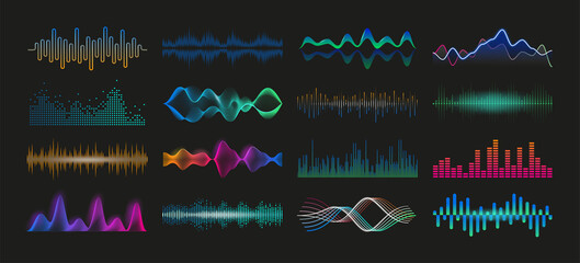 Soundwave. Audio spectrum waveform. Sound frequency and music pulse graphic effect. Volume and radio signal equalizer template. Vector soundtrack recorder dynamic level elements set