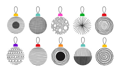 Wall Mural - Hand drawn collection of Christmas balls isolated on white background. Black round balls from various lines. Modern vector illustration.