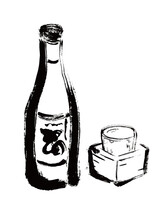 日本酒とコップの升酒の手描き筆書き和風イラスト