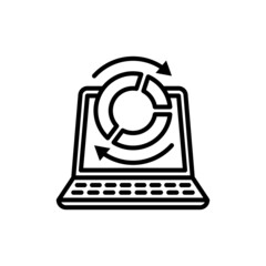 Wall Mural - Data analysis thin line icon, open laptop and diagram with arrows. Modern vector illustration.