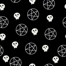 Vector Seamless Pattern With Skulls With Illustration Of Stylish Pentagram In Engraving Technique.