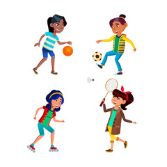 Canvas Print - School Girls Playing Sport Game Active Set Vector. School Girls Playing Basketball And Soccer, Riding Rollers And Play Badminton. Characters Sportive Activity Flat Cartoon Illustrations