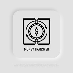 Mobile money transfer thin line icon: transaction between two smartphones. Modern vector illustration.