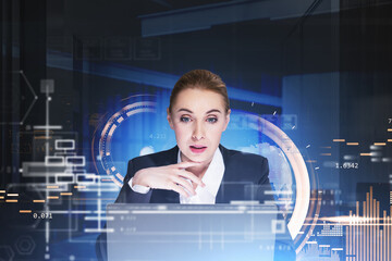 Poster - Shocked businesswoman wearing formal suit is working on laptop