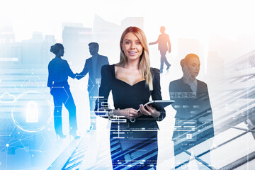 Wall Mural - Business people work together holding notebook and shaking hand