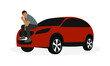 © Tatyana - Male character sitting on the hood of a car on a white background