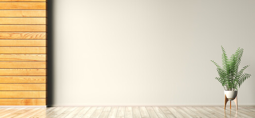 Interior background of room with wooden paneling and empty wall, pot with plant, copy space. 3d rendering