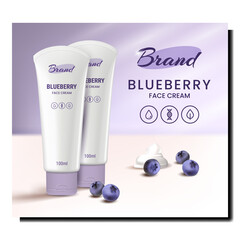 Sticker - Blueberry Face Cream Creative Promo Poster Vector. Blueberry Face Cream Blank Tubes And Natural Bio Berries On Advertising Banner. Facial Skin Care Cosmetic Style Concept Template Illustration