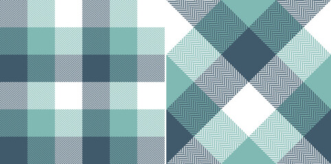 Wall Mural - Buffalo check plaid pattern in turquoise green blue and white. Seamless herringbone tartan plaid vector for spring scarf, flannel shirt, blanket, duvet cover, other modern fashion textile design.