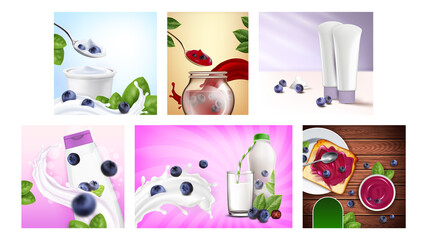 Poster - Blueberry Product Promotional Posters Set Vector. Blueberry Jam And Yogurt Blank Packages, Facial Cream And Shampoo Cosmetics On Advertising Banners. Style Concept Template Illustrations