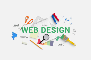 Fototapete - Web design concept composition with text surrounded with supplies