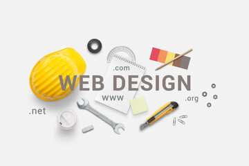 Fototapete - Web design composition with construction tools. Top view, flat lay composition. Under construction concept