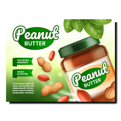 Canvas Print - Peanut Butter Creative Promotional Banner Vector. Peanut Butter Blank Bottle, Nuts And Tree Green Leaves On Advertising Poster. Natural Ingredient Food Style Concept Template Illustration