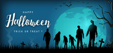 Halloween Spooky Party Poster, Silhouette Of Zombies Walking, Vector Illustration