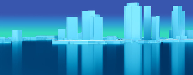 Poster - Abstract city skyscrapers. Urban architecture illustration. Skyscrapers with reflection below. Downtown landscape with evening sky. Urban urban architecture model in turquoise color. 3d image