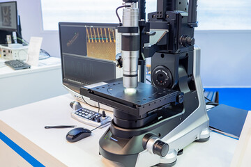 Poster - Equipment chemical experiments. Apparatus for working with reagents. Automatic apparatus in laboratory. Device for auto mixing of reagents. Empty glass test tube. Selective focusing. Chemical study