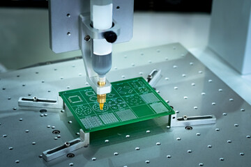 Poster - production of transistor microboards. blank pcb inside equipment. equipment for creating tracks on p