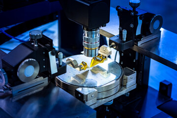 Poster - Microprocessor test sample under microscope. Transistor microchips production. Equipment for testing microcircuits. Checking PCB during production. Manufacturing of microchips. Automated PCB Testing