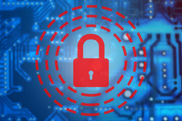 Poster - technological safety. network data security concept. red padlock on pcb board background. data prote