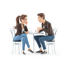 3d Cartoon Man And Woman Drinking Coffee