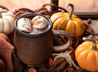 Wall Mural - Cup of hot chocolate with marshmallows and cinnamon