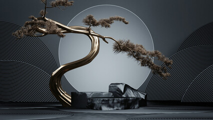 Wall Mural - japanese style minimal abstract background.podium and gold bonsai tree with dark background for prod