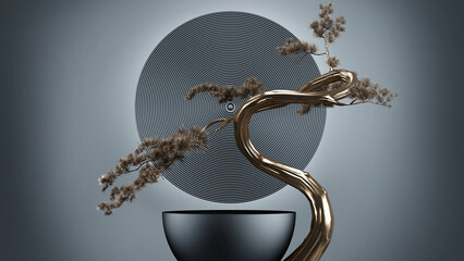 Wall Mural - japanese style minimal abstract background.podium and gold bonsai tree with dark background for prod