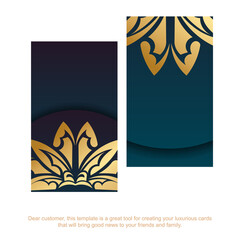 Business card with gradient blue color with vintage gold ornament for your contacts.