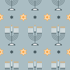 Poster - Happy Hanukkah seamless pattern with creative symbols on blue background. Modern festive design for wallpaper, wrapping paper, fabric, banner. Vector illustration	