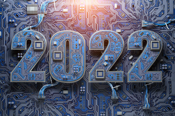 2022 on circuit board or motherboard with cpu. Computer technology and internet commucations digital concept background. Happy new 2022 year.