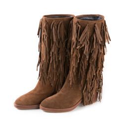 Wall Mural - suede brown women's boots, decorated with thin stripes of suede noodles, on a white background